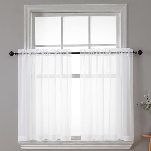 Image of Chyhomenyc White Sheer Curtains 30 inch Length 2 Panels, Light Filtering Voile Rod Pocket Short Window Curtians for Bathroom Living Room Farmhouse Small Windows, 42Wx30L inches
