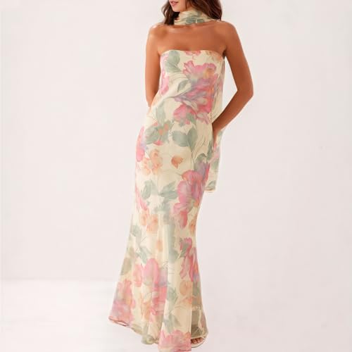 Women Floral Tube Maxi Dress with Scarf Summer Strapless Tube Bodycon Mesh Layer Cocktail Party Wedding Guest Dress (US, Alpha, Medium, Regular, Regular, A Beige) by Zwirelz - Used condition - Image 2