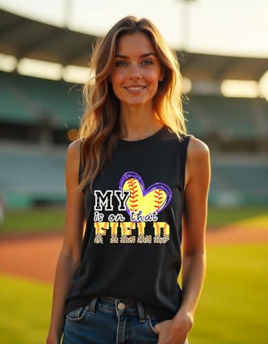 My Heart is On That Field Softball Tank Top for Women Softball Love Heart Leopard Print Outdoor Games Summer Sleeveless Top-Grey XL