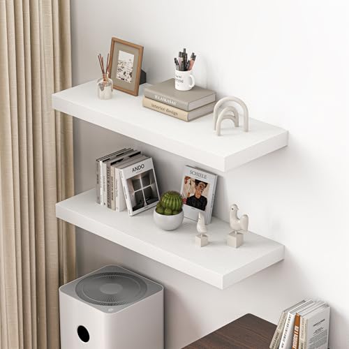 Image of Dreamland 36 inch Floating Shelves for Wall, 12 inch Deep Thicker White Floating Shelves, Wall-Mounted Shelves for Bedroom, Living Room, Kitchen, Bathroom - Set of 2
