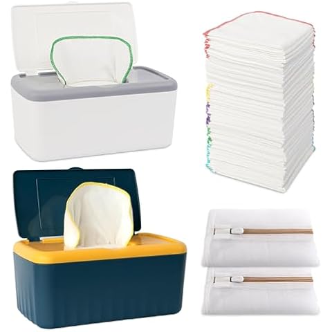 FAMOPLAY 108 Packs Flannel Reusable Baby Wipes Cloth Wipes with Blue Wipes Dispenser, Reusable & Natural Skin-friendly Cloth Baby Wipes, Body Face Hand Washcloth Essential for Cloth Diapers Cover