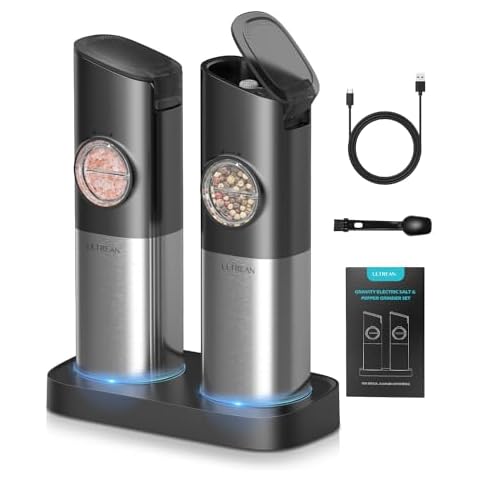 Ultrean Gravity Electric Salt and Pepper Grinder Set - USB Rechargeable With Dual Charging Base - Adjustable Fineness - One Handed Operation, Stainless Steel Construction, Auto Dust Lids, LED Light Cover