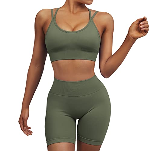 Omkagi Workout Sets For Women Seamless Strappy Sports Bra Butt Lifting Workout Shorts Leggings 2 Piece Gym Outfits(M,4-Army Green) #TOP1