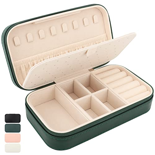 Designster Travel Jewelry Box, Pu Leather Portable Jewelry Case, Small Jewelry Boxes For Gifts, Travel Jewelry Organizer For Women Rings Earrings Necklaces Bracelets (Dark Green) #TOP13