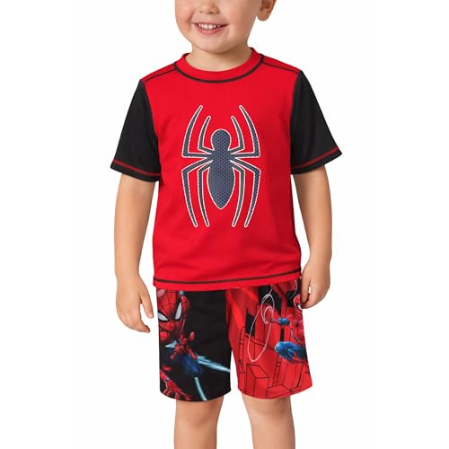 Image of Marvel Boys Rash Guard Set 2 Piece Hulk Spiderman Swim Shirt & Swim Trunks