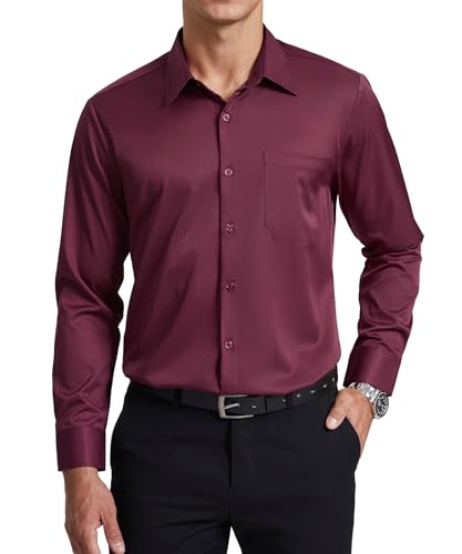 Enlision Camisa Burdeos Hombre Elastica Sin Plancha Manga Larga Camisas Antiarrugas Cuello con Botones Ajuste Regular Traje Negocios Boda con Bolsillo M