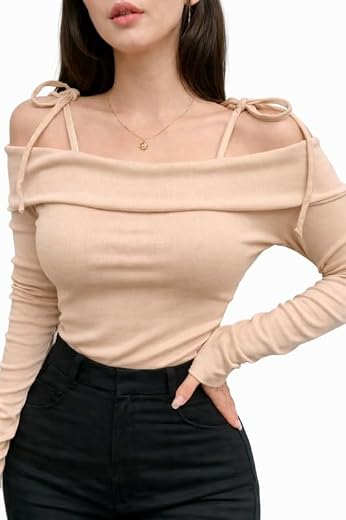 Naygt Women Cute Pink Off Shoulder Top | Korean Style Slim Fit Tie Strap Full Sleeve Trendy Casual Girls Top