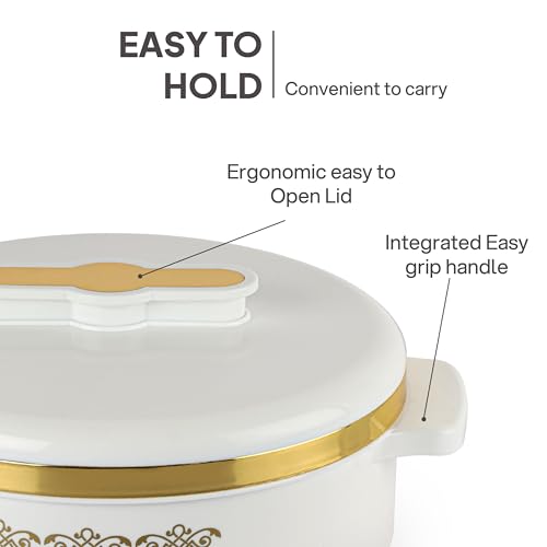 Image of CELLO Exotic 1000 Casserole Hot Pot Case for Daily Use 1000 ml, White | Double Wall PU Insulated Serving Hot & Warm Food Hot Pot Box | Stylish Airtight Kitchen Casserole Set for Roti Rice Biryani