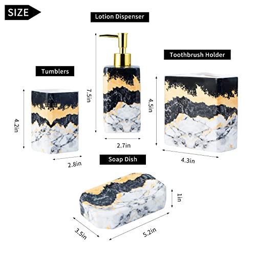 4 Piece Bathroom Accessories Set - Black And White Bathroom Accessories Set Includes Lotion Dispenser, Toothbrush Holder Tumbler, And Soap Dish - Glossy Finish (Marble, Black, And White) #TOP4