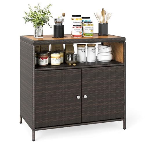 LIFEZEAL Buffet à 4 Niveaux en Rotin PE, Armoire avec Plan de Travail en Bois d'acacia, Meuble Rangement Extérieur Intérieur avec 2 Portes, 90x53x86 cm, Jardin, Terrasse, Patio, Cuisine (Brun)