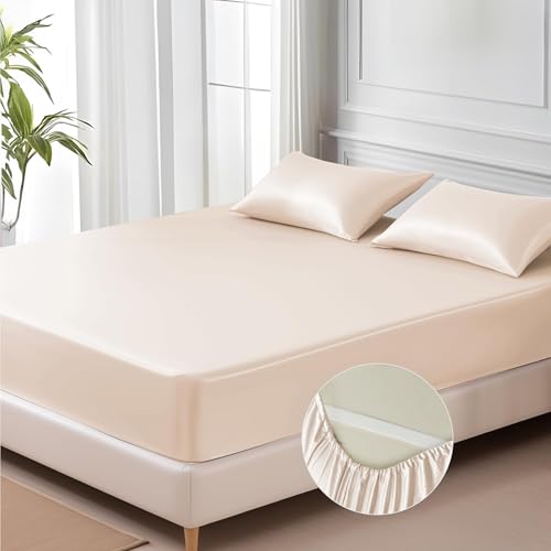 MR&HM Satin Fitted Sheet Queen Size with Elastic Corner Straps, Beige