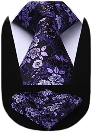 HISDERN Men Purple Floral Ties Woven Classic 3.4" Necktie Set Formal tie Pocket Suqare for Wedding Business with Handkerchief Gift Box