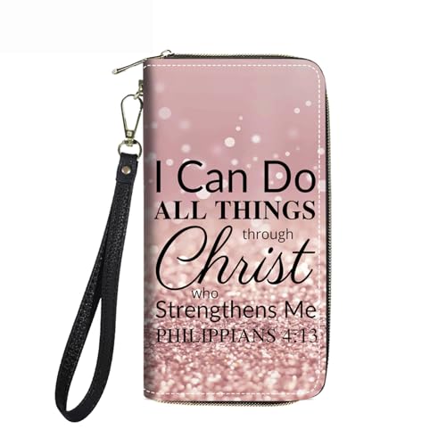 Women's Large Capacity Wallet PU Leather Zip Around Clutch Purse Multifunctional Wallet with Removable Wristlet Strap for Smart Phone/Coin/Card/Cash, Christian Quote Bible Verse Philippians 4-13