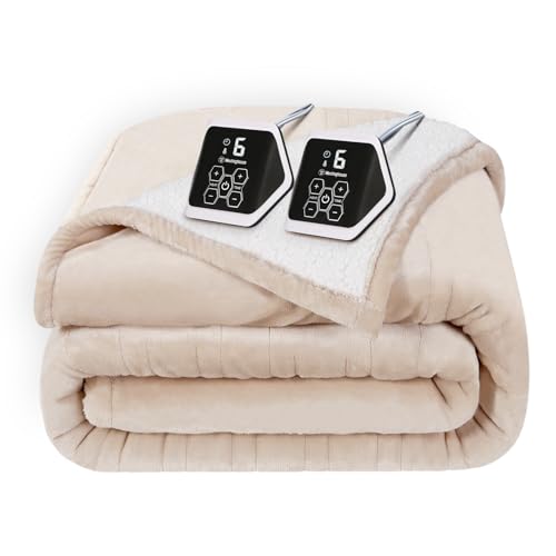 Westinghouse Electric Heated Blanket - Queen Size, Soft Flannel to Sherpa, 10 Heating Levels, 12 Hour Auto Off, Machine Washable, 84x90 Inch, Beige