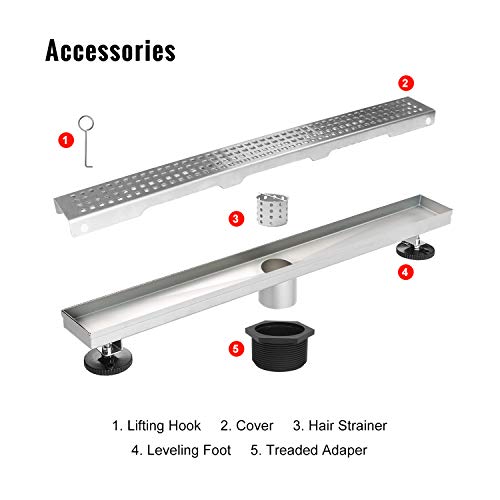 Sanitemodar Linear Shower Drain, High Flow Shower Drain 36 Inch Removable Square Hole Panel, Brushed 304 Stainless Steel Linear Drain, With Adjustable Feet And Hair Strainer… #TOP5