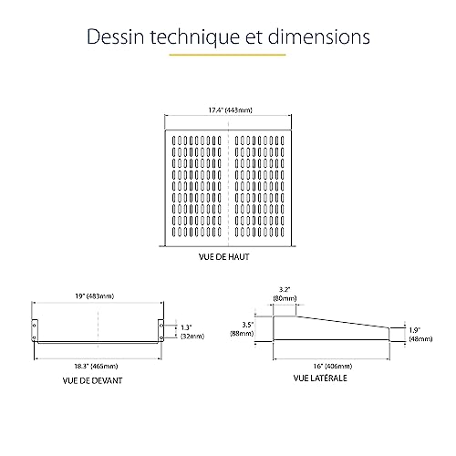 StarTech.com Étagère de Rack de Serveur 2U - Plateau Cantilever Universel à Montage en Rack Ventilé pour Rack 19" - Acier Gros Calibre - Capacité de Poids 23kg - Profondeur de 40cm, Noir (CABSHELFV)