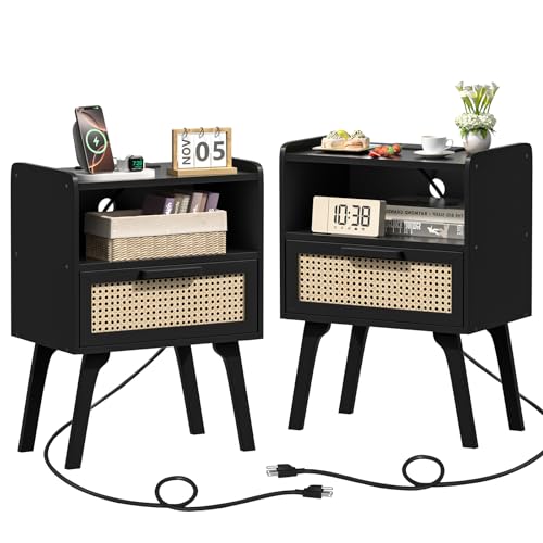 Lerliuo pair of rattan nightstands with charging station