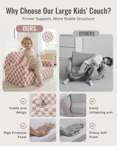 Image of Blissful Diary Foldable Kids Couch, Extra Wide Kids Sofa Chair, Blush Check