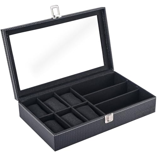 Image of Leather Watch Organizer with Glass Display (Black& Black, 6)