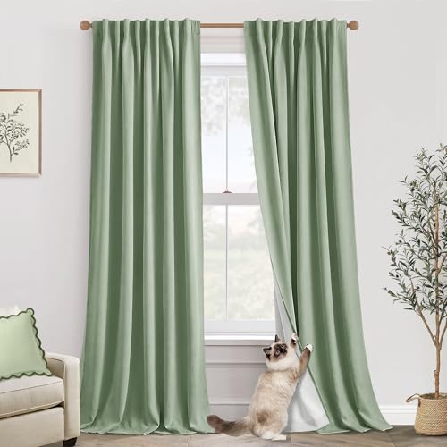 Sage Green Linen Black Out Curtains 96 Inch Long 2 Panel Set, Cat Proof 8FT Back Tab Thermal Insulated Blackout Drapes for Bedroom Living Room, 52'' W x 96'' L