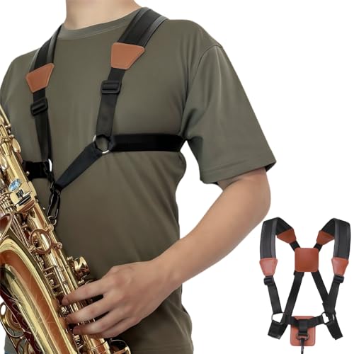 HighLight Saxophone Neck Strap Clarinet Oboe Ergonomic Design Straps Adjustable Length for Alto/Tenor/Soprano Saxophones (w/Back leather style)