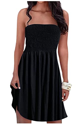 Image of Summer Dress for Women Beach Floral Cover Ups Spaghetti Strap Sundress Smocked Strapless A-Line Mini Dresses
