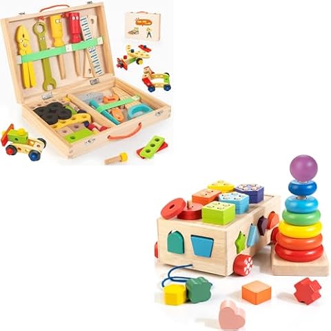 Bravmate Wooden Kids Tool Set,Toddler Shape Sorter Stacking Rings Cover