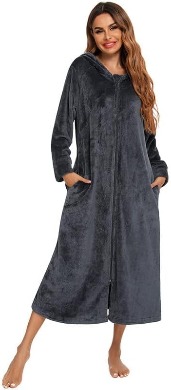 Velvet Robes for Women Long Sleeve Hooded Nightgowns Full Zip Winter Sleepwear Lounge Pajama Robe Fluffy Warm Bathrobe