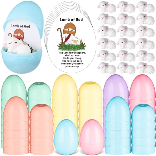 Wonderjune 36 Sets Christian Easter Eggs Fillers Religious Easter Empty Eggs with Resin Mini Sheep Lamb of God Bible Verse Prayer Cards for Basket Stuffer Church Sunday School Party Favor (White Lamb)