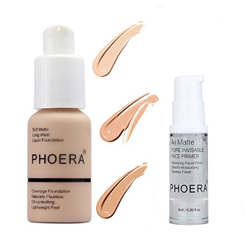 Phoera Foundation +Makeup Primer,Matte Oil Control Full Coverage Concealer Long Lasting Makeup Sets 30ML+6ML