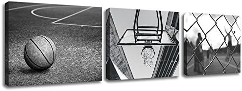 KLVOS 3 Panels Black and White Wall Art Antique Basketball and Low Angle View Basketball Hoop Sport Canvas Art Modern Home Decor Framed for Boys Room Ready to Hang (12"x16"x3, Vintage Basketball)