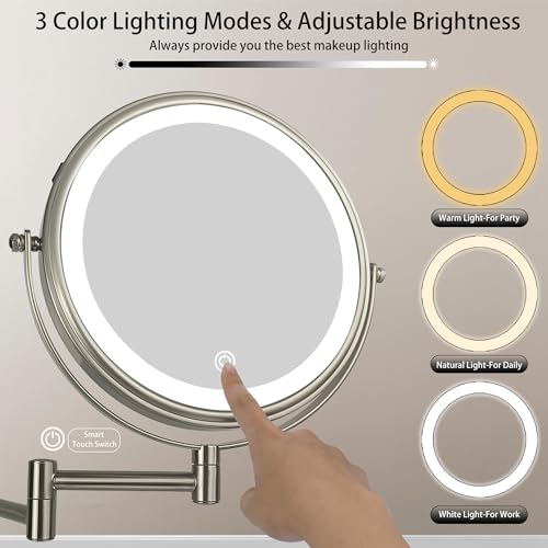 Janeeva 8 Inch Wall Mounted Lighted Makeup Mirror,Rechargeable Double Sided 1X/10X Magnifying Mirror With 3 Color Lights,Touch Dimmable Bathroom Vanity Mirror With 360°Swivel Extendable Arm Brushed Nickel thumb #2