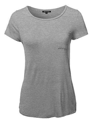Basic Short Sleeve Scoop Neck Top with Pocket Heather Grey