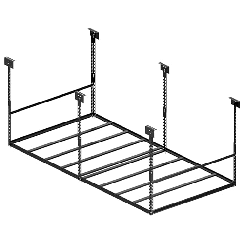 STORKING Overhead Garage Storage Rack, Adjustable Storage Organization Systerm, Heavy Duty Metal Garage Ceiling Storage Racks, Black (Without Wire Decking, with 4 Hanging Rods, 96" x 48")