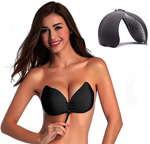 Amanana Dewewede Self Adhesive Strapless Bra, Invisible Push Up Bra, Black B Cup, 4 Pack