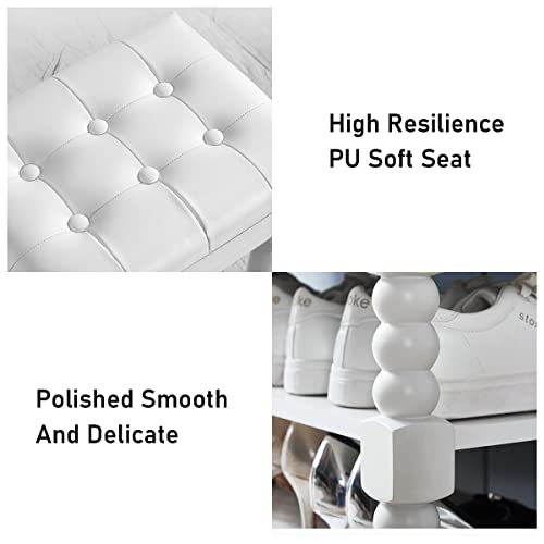 Tinytimes Shoe Bench, Storage Rack Organizer With Cushion, 3-Tier Shoe Rack For Entryway, With Seating Soft Leather Cushion, Vintage Thicked Roman Column Design, Entryway Bench -White, 31.5" #TOP6