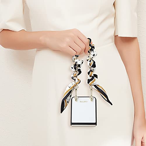 Custype Designed For Samsung Galaxy Z Flip 3 Case, Leather Protective Cover With Ring, [Silk Scarf Chain Wrist Strap] Luxury Phone Case Gift For Women Girls For Samsung Galaxy Z Flip 3 5G Case White #TOP3