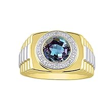 Rylos Mens Rings Round Shape Cabochon Gemstone & Diamonds - Designer Style Rings for Men, Yellow Gold Plated Silver Ring in Sizes 8-13. Mens Jewelry!