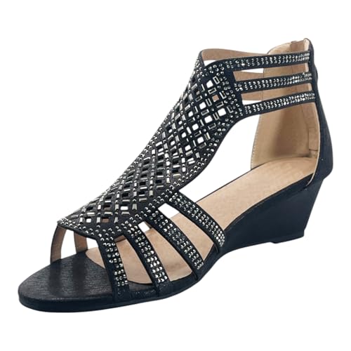 ABSOLEX Women Strappy Open Toe Rhinestone Dressy Low Heel Wedge Sandal3