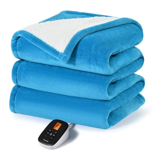 Sunable Heated Electric Blanket - Machine Washable Heating Blanket with Time Settings 10 Heat Settings Full Size 77×84 inches, ETL Certified, Teal - Velvet & Sherpa