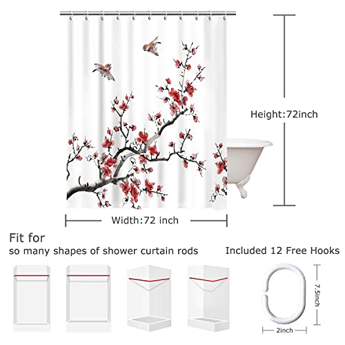 Livilan Red Floral Shower Curtains With Birds,Cherry Blossom Flower Plum Asian Japanese Aesthetic Watercolor Traditional Ink Scenery,Art Shower Curtain Waterproof Fabric #TOP3