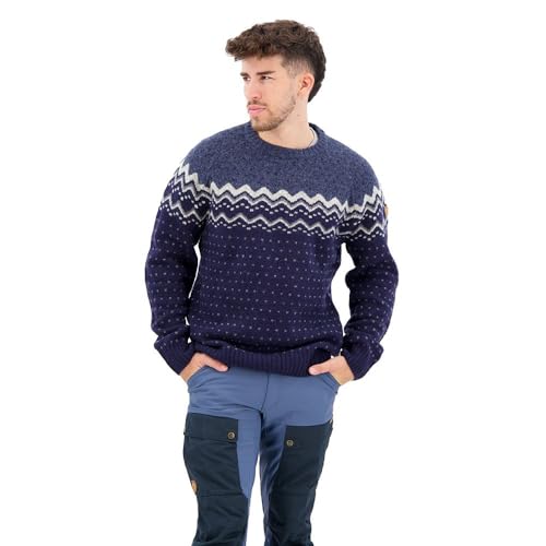 Fjllrven Men's Blue Classic Fitted Knit Wool Sweater Pullover with Round Neck and Long Sleeves