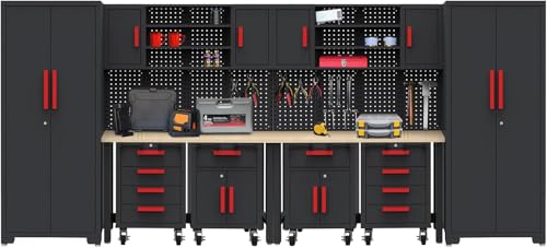 Tsnritor Garage Storage Cabinets System, 12Pcs Workshop Cabinet Set in Black with Steel Cabinet Drawers, Rolling Chest, Workbench, Pegboard for Tool Organization