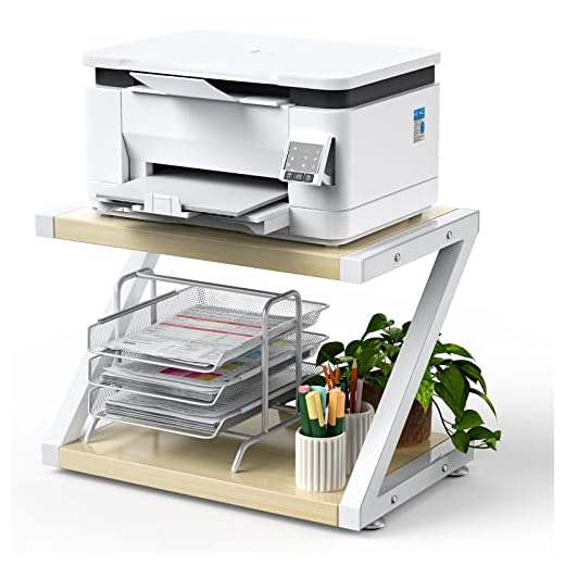 HUANUO Printer Stand, Desktop Stand for Printer, Printer Stand with Storage, Desktop Shelf with Anti-Skid Pads, Printer Table Organizer, Printer Shelf w/ 2 Tier Tray & Hardware & Steel (Light Wood)