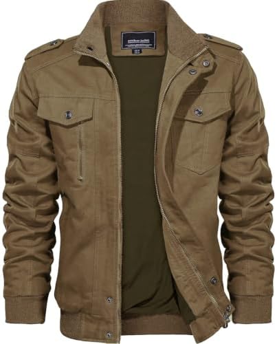 KEFITEVD Men's Jackets Bomber Military Cargo Coat Smart Casual Jacket Stand Collar Cotton Outerwear with Multi Pockets