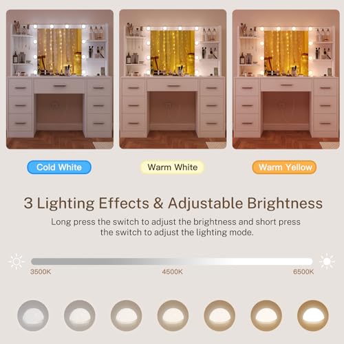 FIONESO Vanity Desk with LED Light Mirror & Power Outlet, 3 Adjustable Light Color, Makeup Vanity with 7 Drawers, 4 Shelves, 5 Jewel Hooks, White Vanity for Bedroom, Girls Vanity
