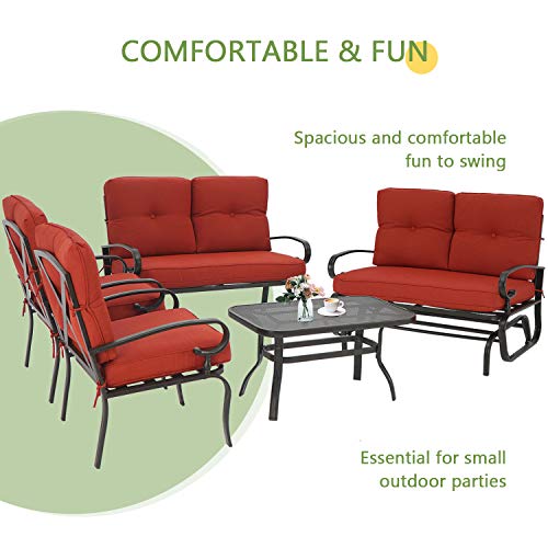 Incbruce Outdoor Indoor Furniture 5Pcs of 6 Seats Patio Conversation Set (Swing Glider, Loveseat, Coffee Table, 2 Lounge Chairs) Swing Glider Chair and Steel Frame Chair Sets, Red Cushions - Thumbnail 3