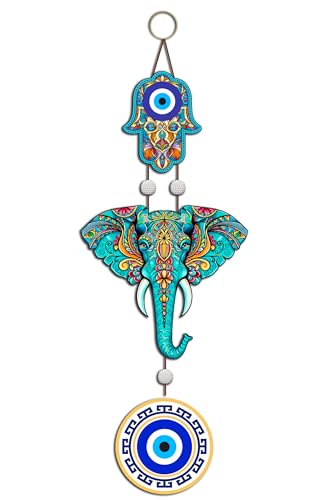 Image of GENXTRA Luxury Designer Elephant Ganesha Evil Eye Wooden Wall Hanging for Luck & Prosperity | Home Decoration | Living Room | Spiritual Decor Items | Ethnic Wall Art | Nazar Protection Hanging