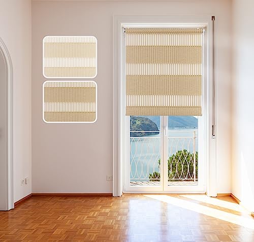 Doppelrollo Bambus, 85x150cm, Beige, mit extra Breiten Stoff-Streifen in Bambusgras-Optik, Klemm-Fix Halterung, Montage ohne Bohren, lichtdurchlässig und verdunkelnd