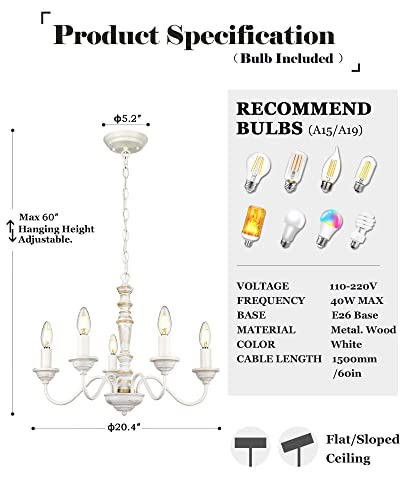 Elyona French Country Chandelier, 21" Farmhouse Wood Chandelier, 5-Light Rustic Candle Pendant Light Fixtures For Dining Room,Living Room,Kitchen,Bedroom, Led Bulb Included, Handmade Distressed White #TOP4
